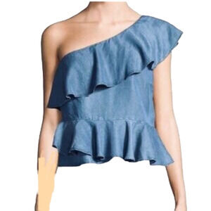 One shoulder ruffled blouse Blue Balletcore, long crop top, Light denim look. M